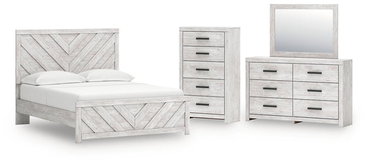Cayboni Queen Panel Bed with Mirrored Dresser and Chest
