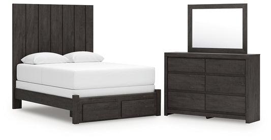 Queen Panel Storage Bed with Mirrored Dresser