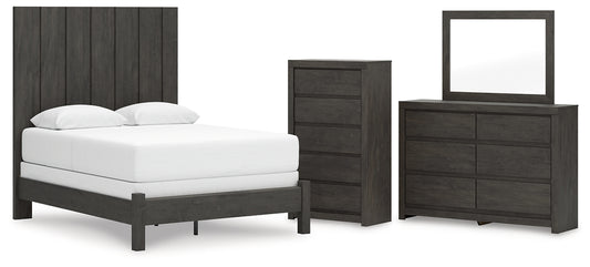Queen Panel Bed with Mirrored Dresser and Chest