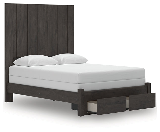 Queen Panel Storage Bed with Mirrored Dresser and Chest