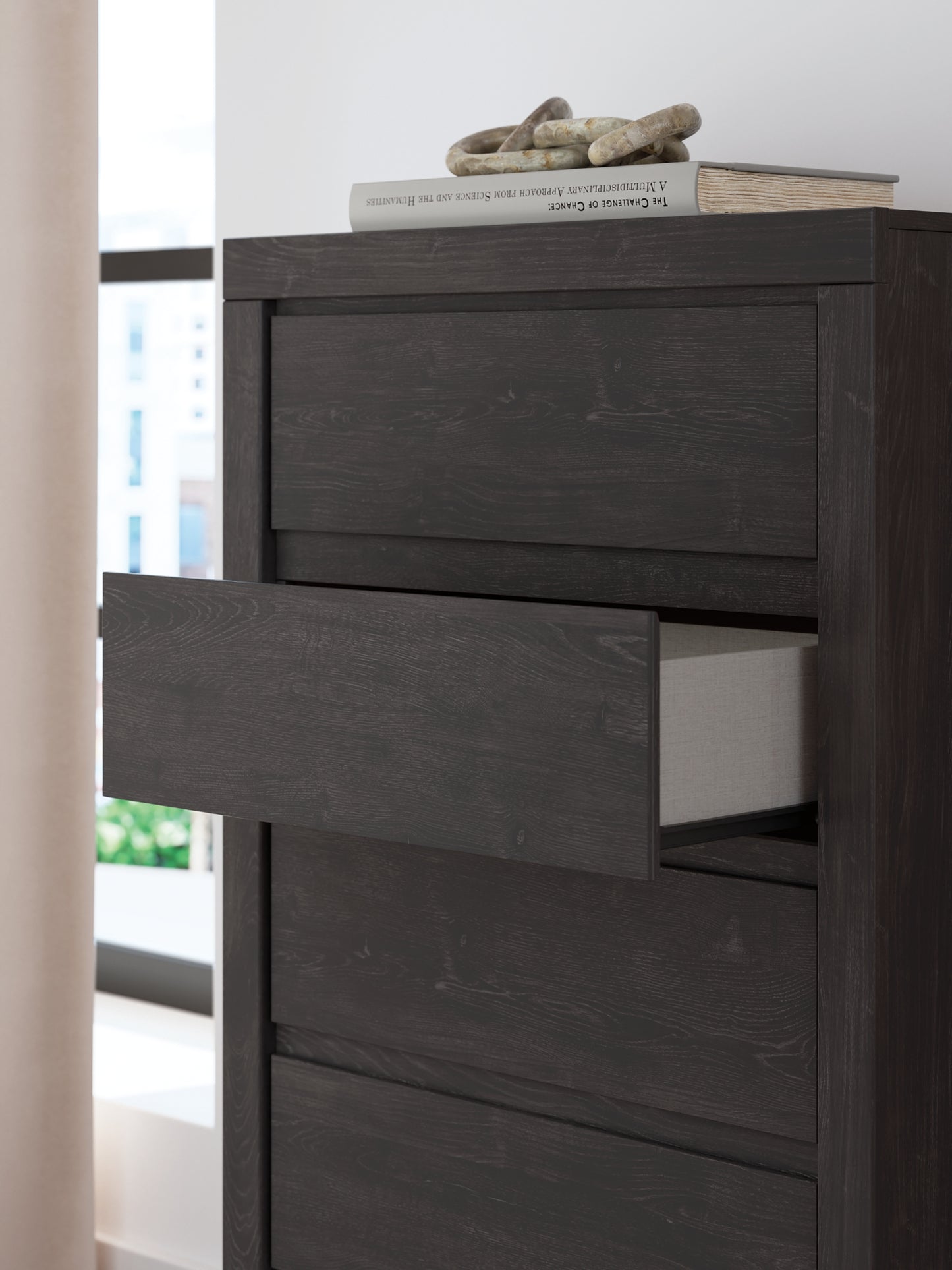 Queen Panel Storage Bed with Mirrored Dresser and Chest