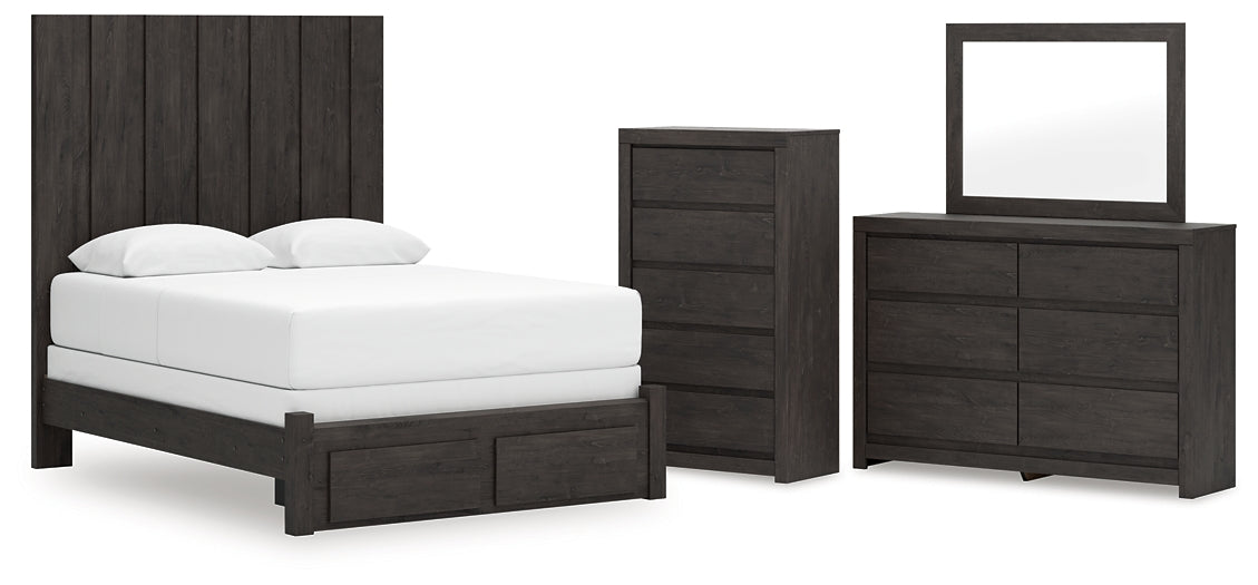 Queen Panel Storage Bed with Mirrored Dresser and Chest