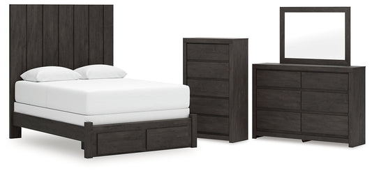 Queen Panel Storage Bed with Mirrored Dresser and Chest