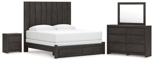 King Panel Storage Bed with Mirrored Dresser and Nightstand