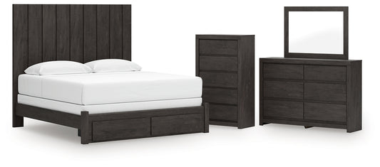 King Panel Storage Bed with Mirrored Dresser and Chest