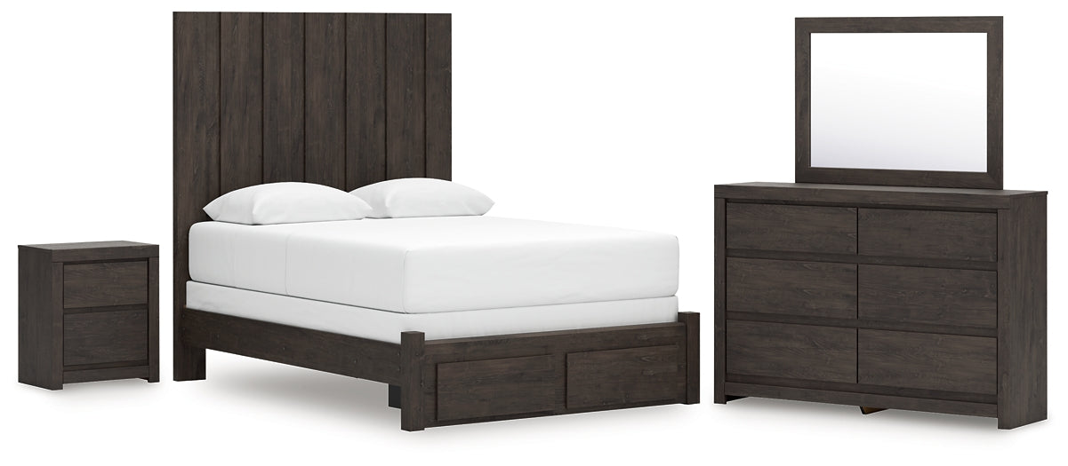 Queen Panel Storage Bed with Mirrored Dresser and Nightstand