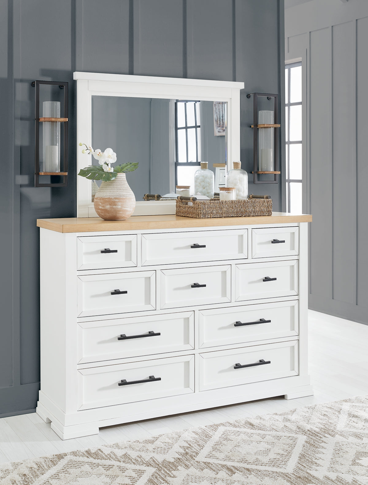 Ashbryn King Panel Storage Bed with Mirrored Dresser, Chest and Nightstand