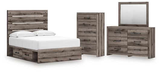 Graystorm Full Panel Bed with Storage with Mirrored Dresser and Chest