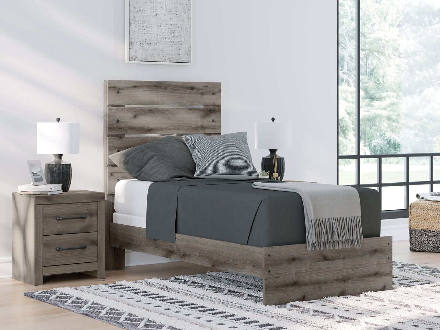 Graystorm Twin Panel Bed with Mirrored Dresser and Chest